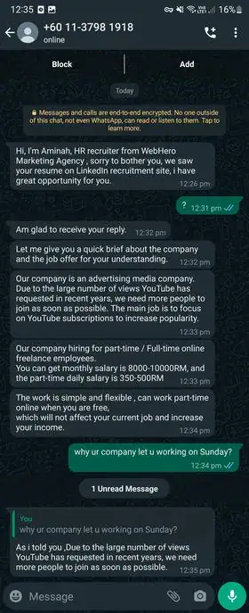 Webhero Job Scam Whatsapp Screenshot - WebHero Technologies